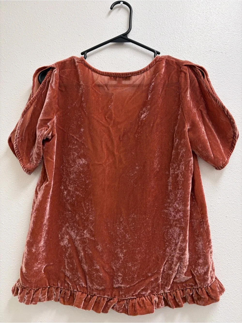 Madewell Crushed Velvet Deep V-Neck Split Sleeve Ruffle Hem Rusty Orange XXS